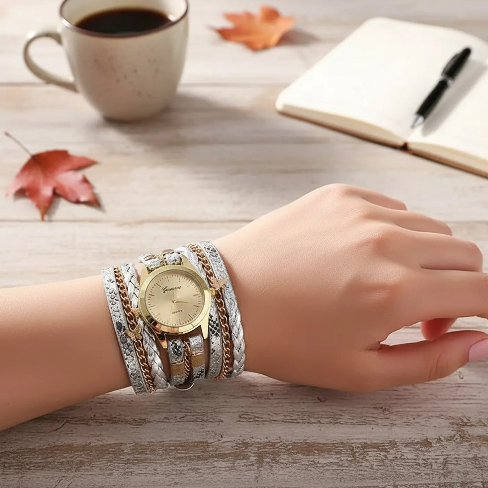 

Men's Watch with Ceramic-Like Case Roman Numerals Dial and Three-Subdial Design Stainless Steel Band