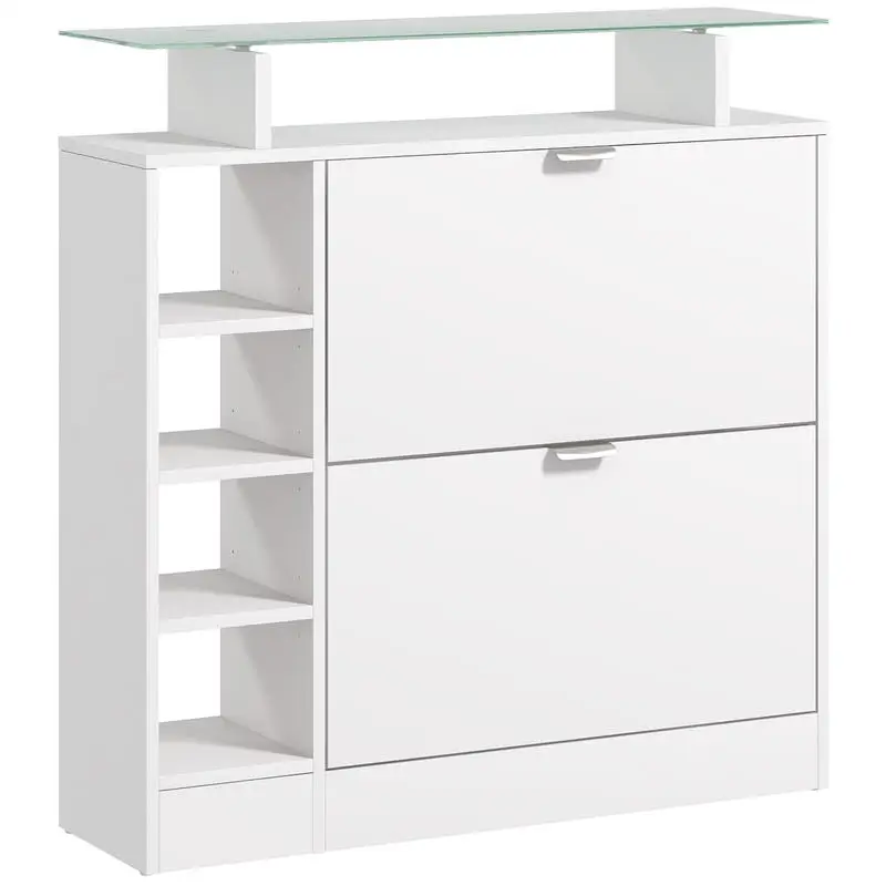 Meuble à chaussures avec 2 tables rabattables pour 12 paires, plateau en verre et étagères réglables, 89 x 25 x 92 cm, blanc
