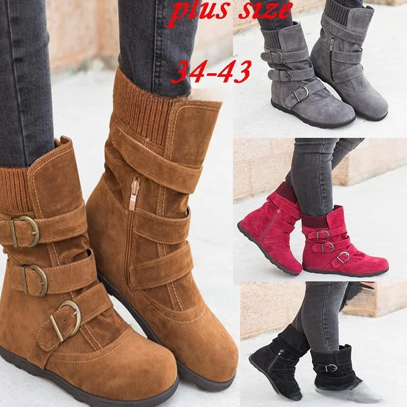 

Women's Mid-Calf Cotton Boots Large Size Flat Bot Autumn Winter Faion Boots Side Zipper Closure Rubber Outsole Color
