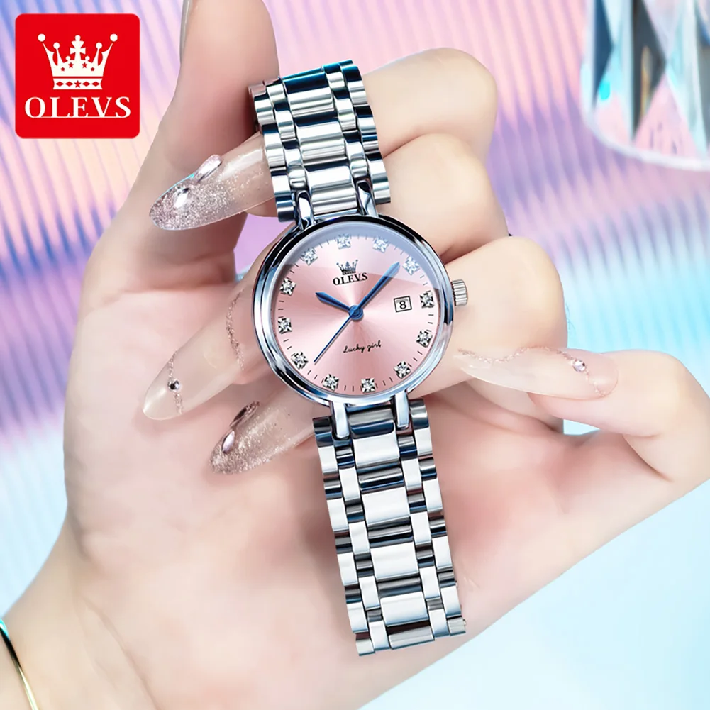 OLEVS 5575 Women Watch Fashion Luxury Roman Scale Diamond Dial Fashion Calendar Waterproof Watch Elegant Pink Women Quartz Watch