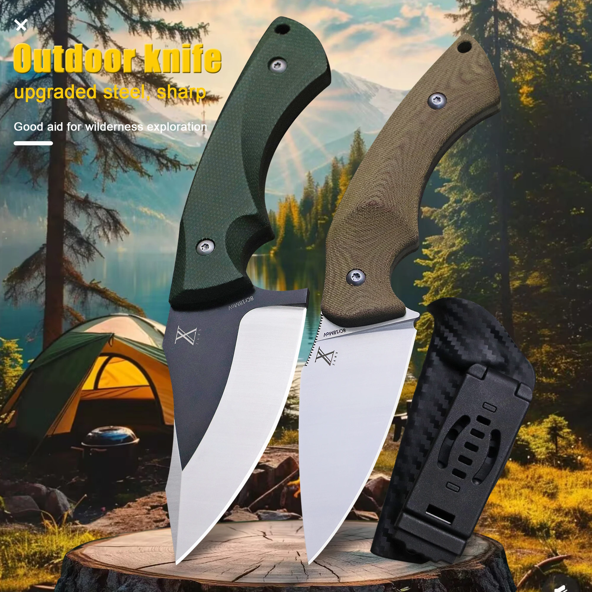 

ZARX USA All-Terrain Hunting Knife, German 8CR18MOV steel outdoor knife, jungle survival knife, multi-purpose EDC knife
