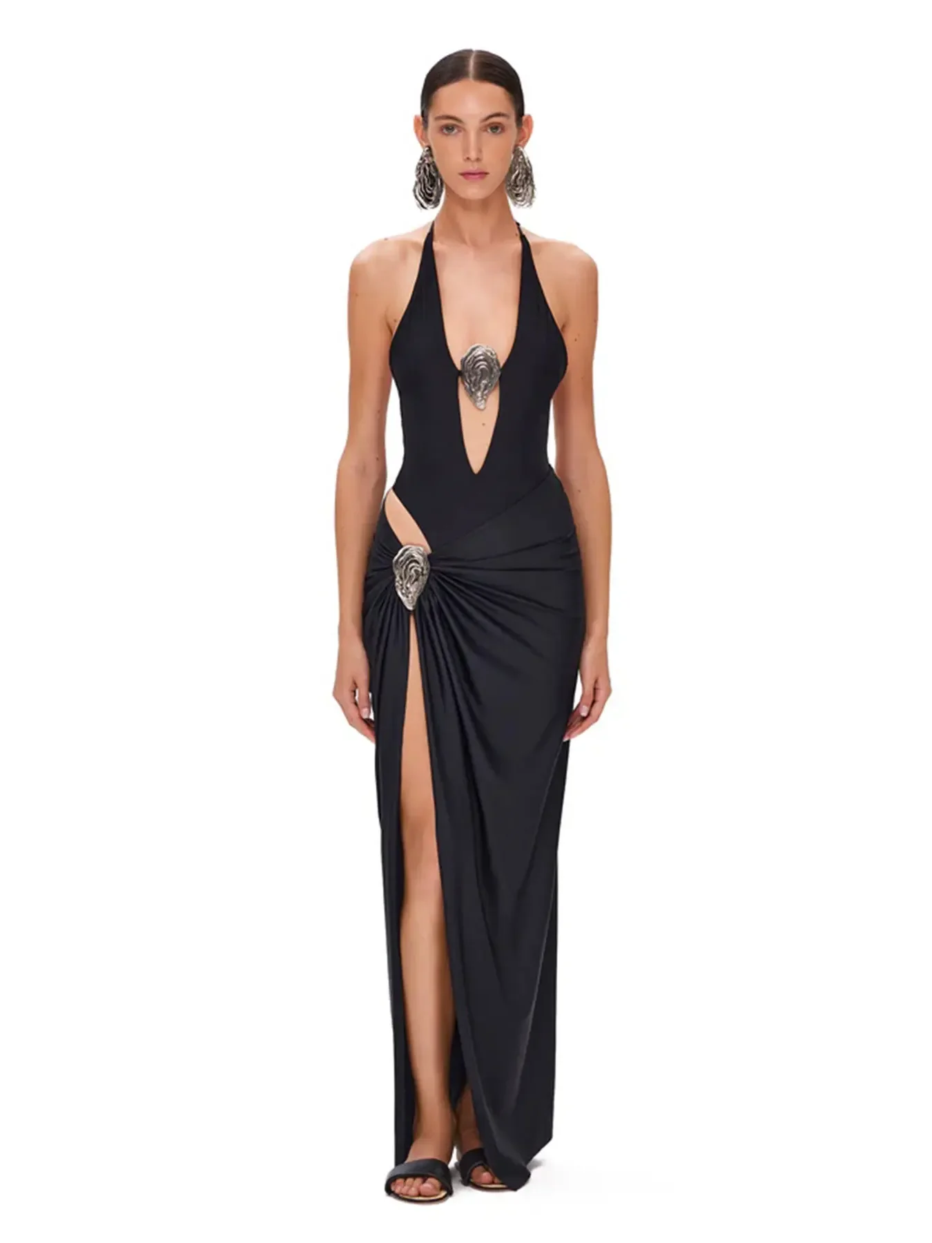 Sexy branco profundo decote em v halter maiô de uma peça com fenda alta e detalhes dourados perfeito para festas noturnas maiô feminino