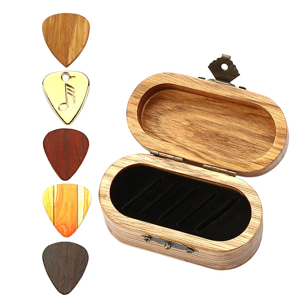 Walnut Wood Guitar Pick Holder Set with 5 Plectrums Storage Box for Acoustic Electric Bass Players