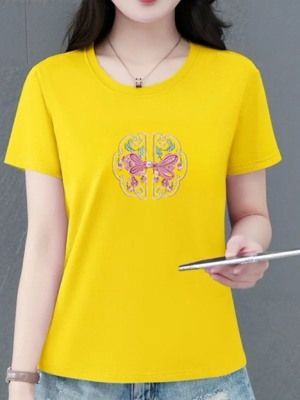 

Casual Short Sleeve T-Shirt Women's Summer Fashion Slimming Large Size Leisure Pattern Top for Middle-Aged And Elderly