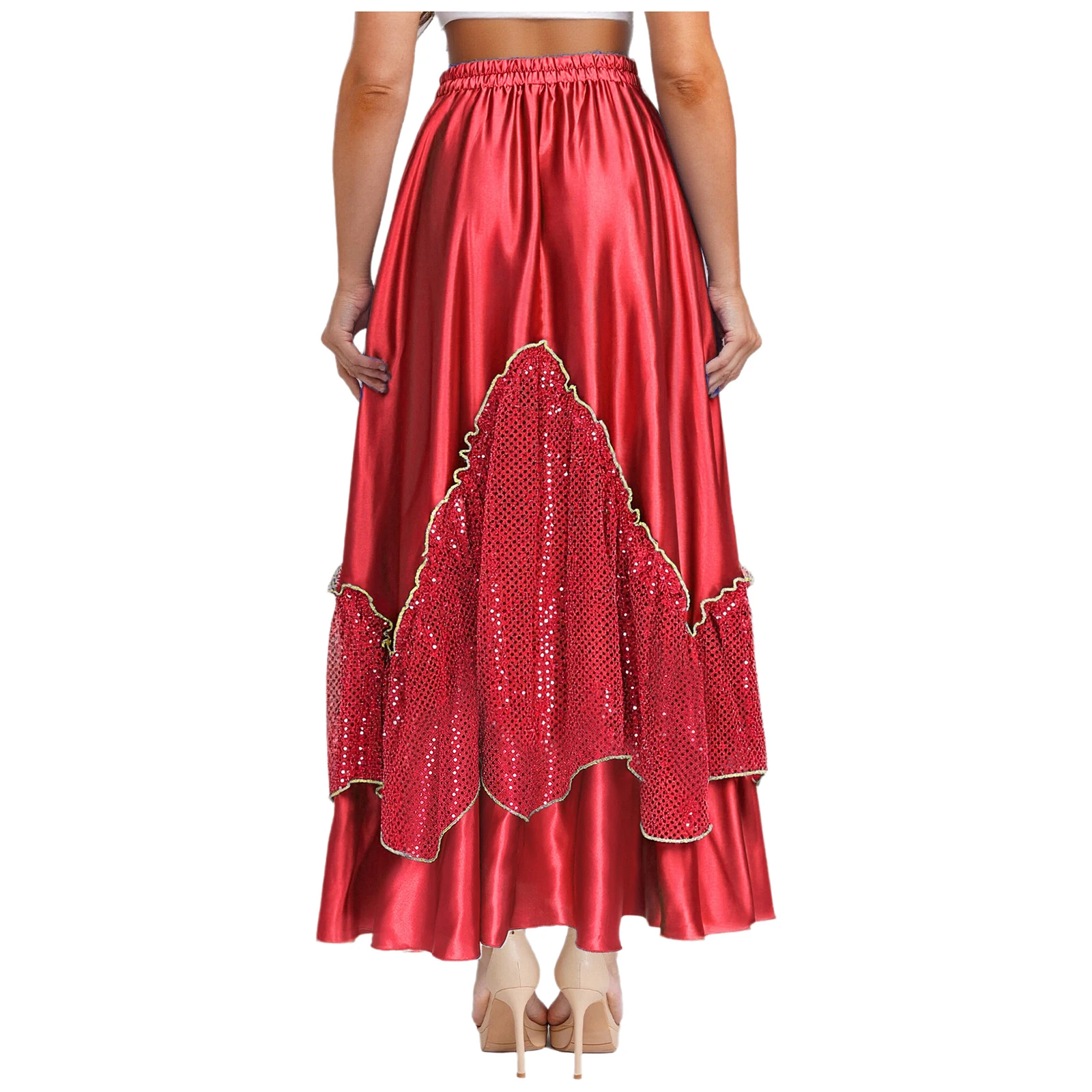 Jupe Flamenco élégante pour femmes, jupe en maille satinée à paillettes scintillantes, parfaite pour les spectacles de danse espagnole et les événements de salle de bal
