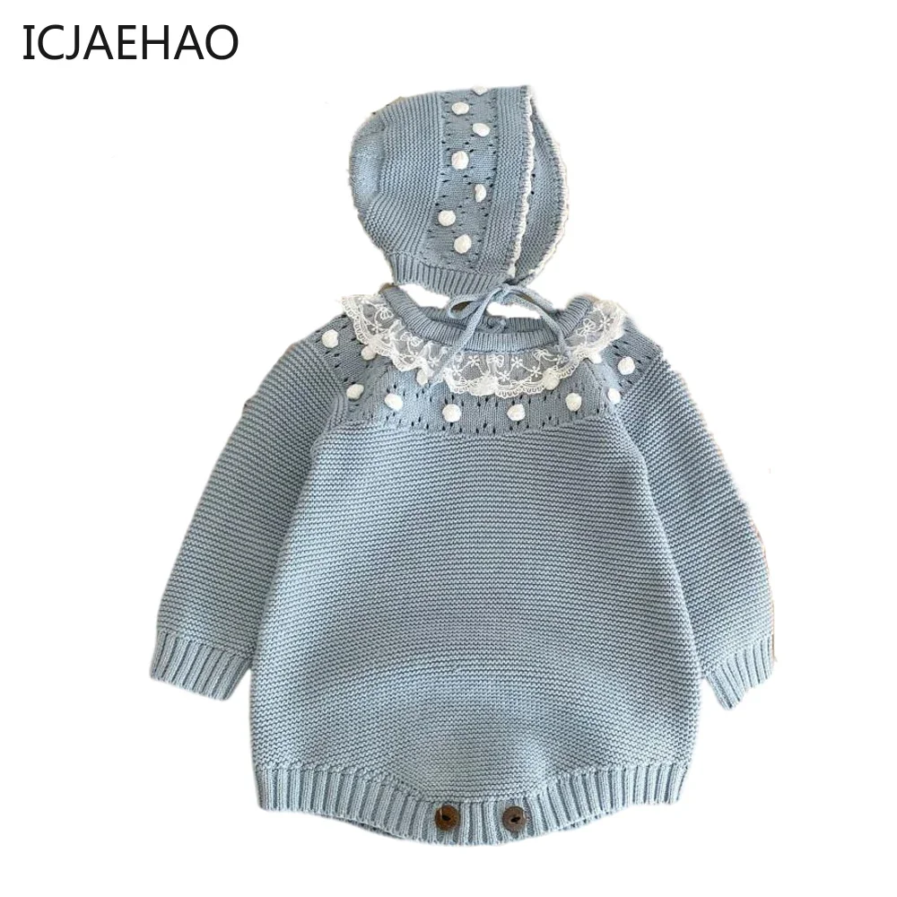

Girls Baby Romper Sets Spring Autumn Clothes Kid Sweaters Blue Knitted Hat Toddlers Newborns Knitting Bodysuit Children Jumpsuit