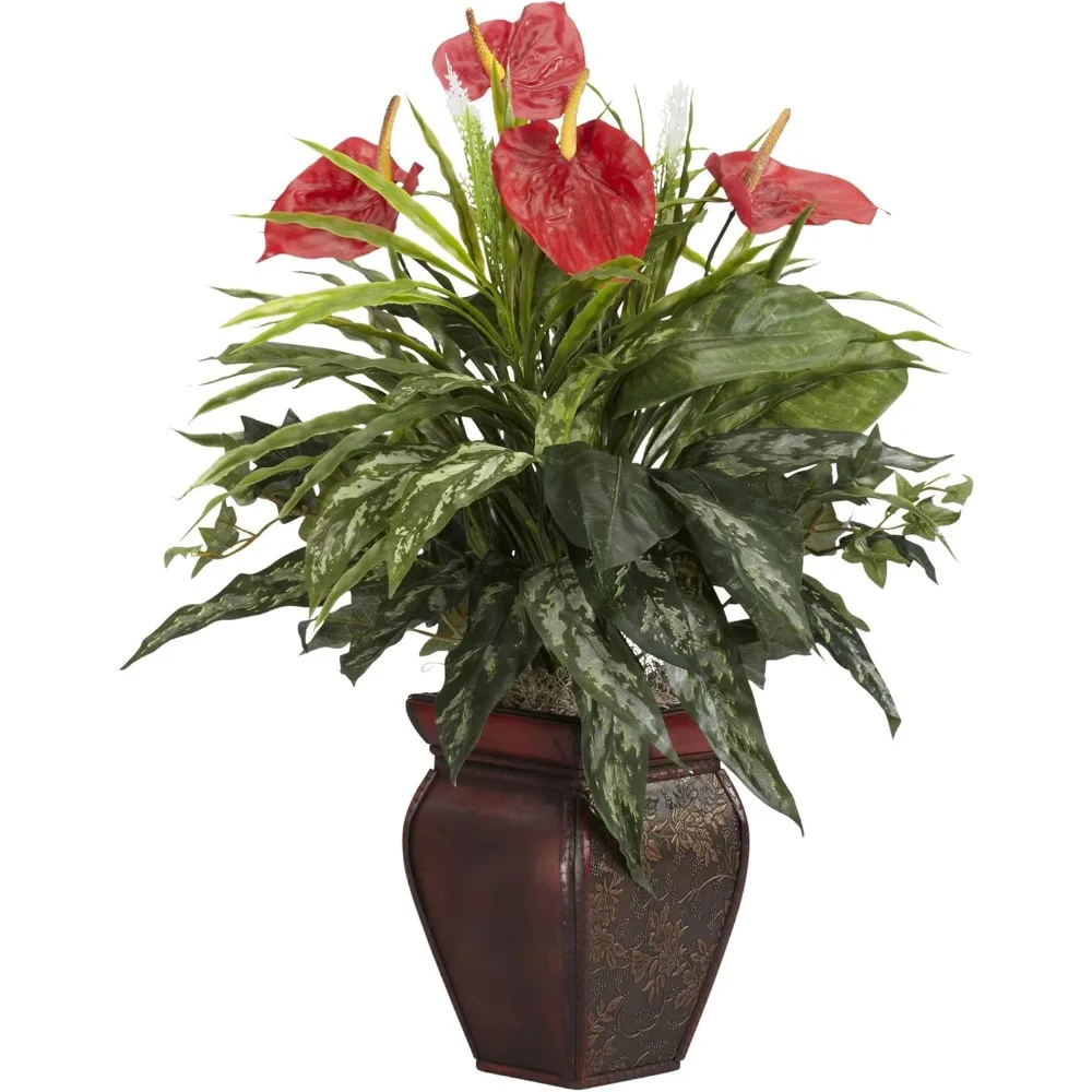 

Mixed Greens and Anthurium Silk Plant in Decorative Vase for Home Office Decor