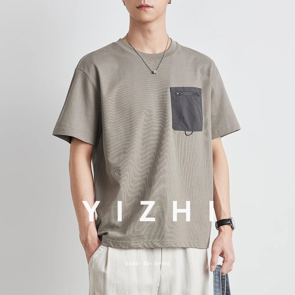 Summer Men's New Round Neck Pocket Couple T-shirt Fashion Loose Half Sleeve Top Casual Micro Elastic Five-point Sleeve Cotton