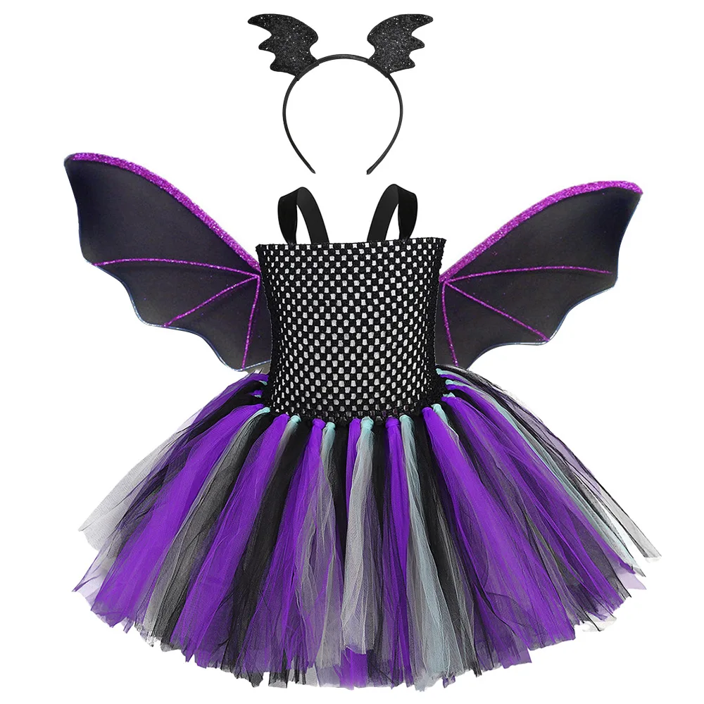 

Kids Girls Halloween Bat Role-Play Costume Dress, Sleeveless Fluffy Tulle Tutu Dress with Bat Wings & Headband, Party Outfit