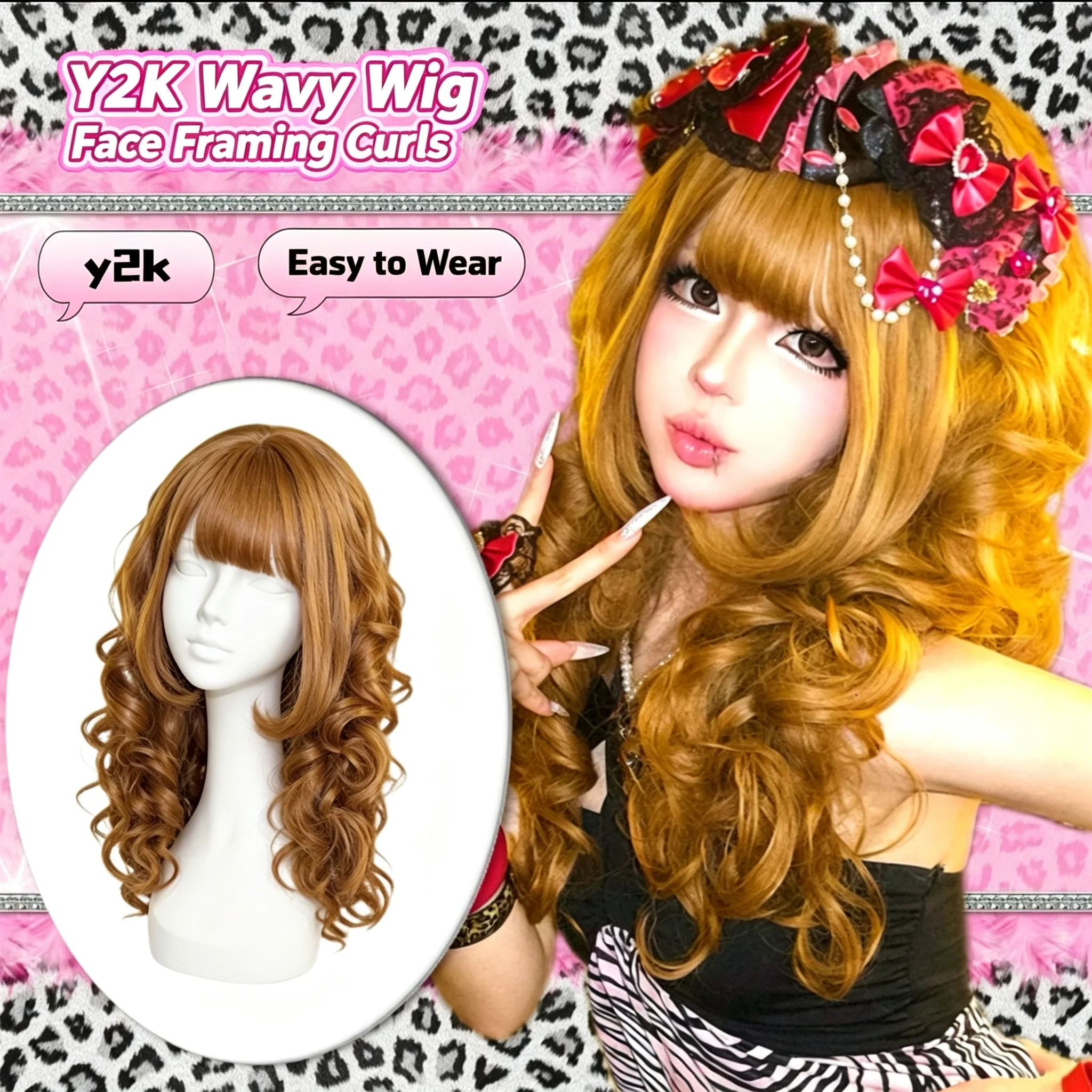 Y2K Gyaru Long Wavy Curly Wig Hime Japan Light Brown Synthetic Hair Faux Scalp Breathable Face Slimming Cosplay Full Head Wig