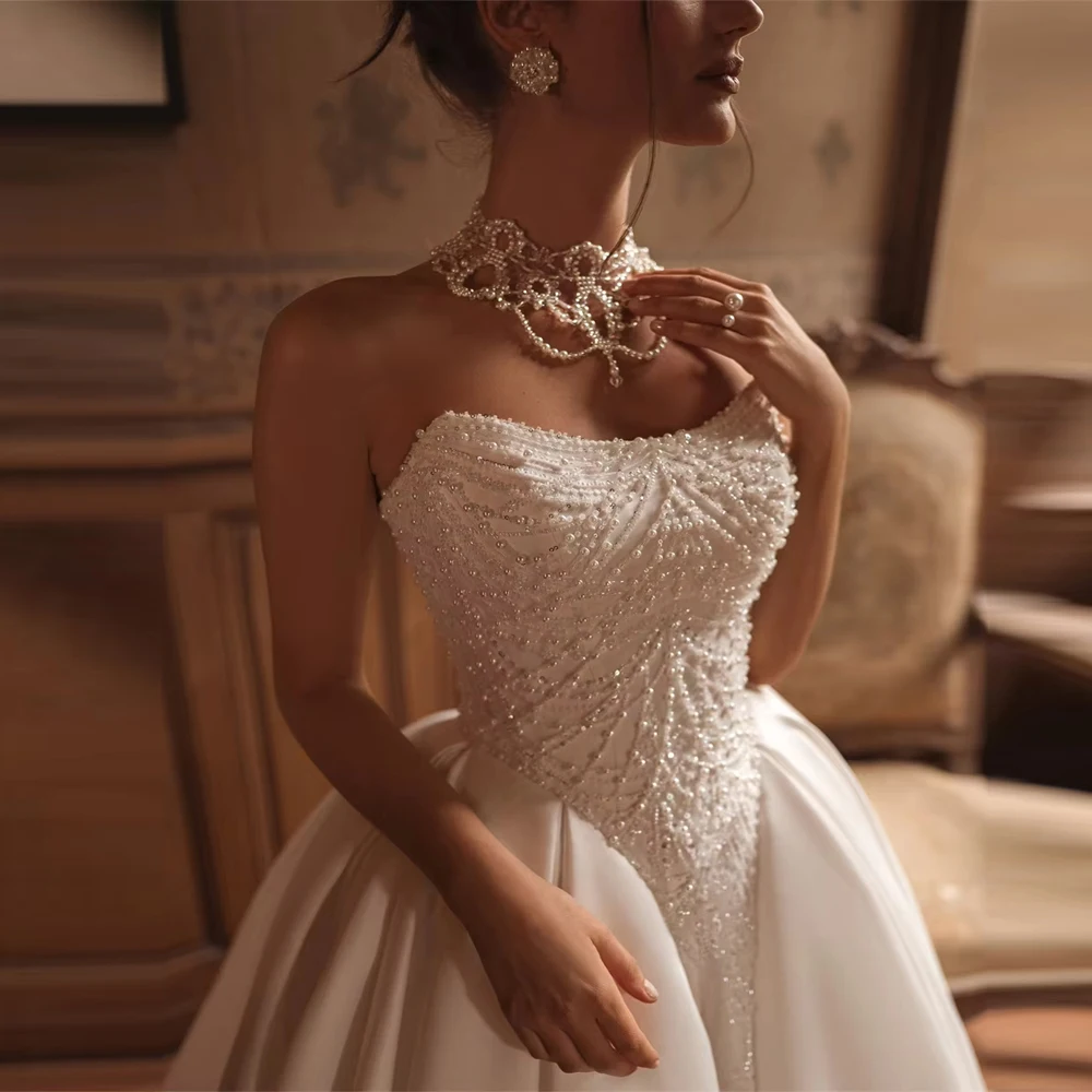 ชุดแต่งงานผู้หญิงแบบเซ็กซี่ สายเดี่ยว ไร้แขน ทรงเอไลน์ หรูหรา ยาวลากพื้น สำหรับงานเลี้ยง  ชุดเจ้าสาวแบบสั่งตัดได้