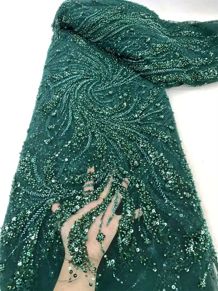 Tessuto di pizzo ricamato con paillettes di lusso nigeriano di alta qualità Tessuto di pizzo francese fatto a mano in tulle con perline per abiti da sposa da donna