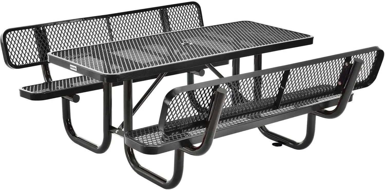 Industrial 4' Rectangular Outdoor Expanded Metal Picnic Table with Backrests, Red