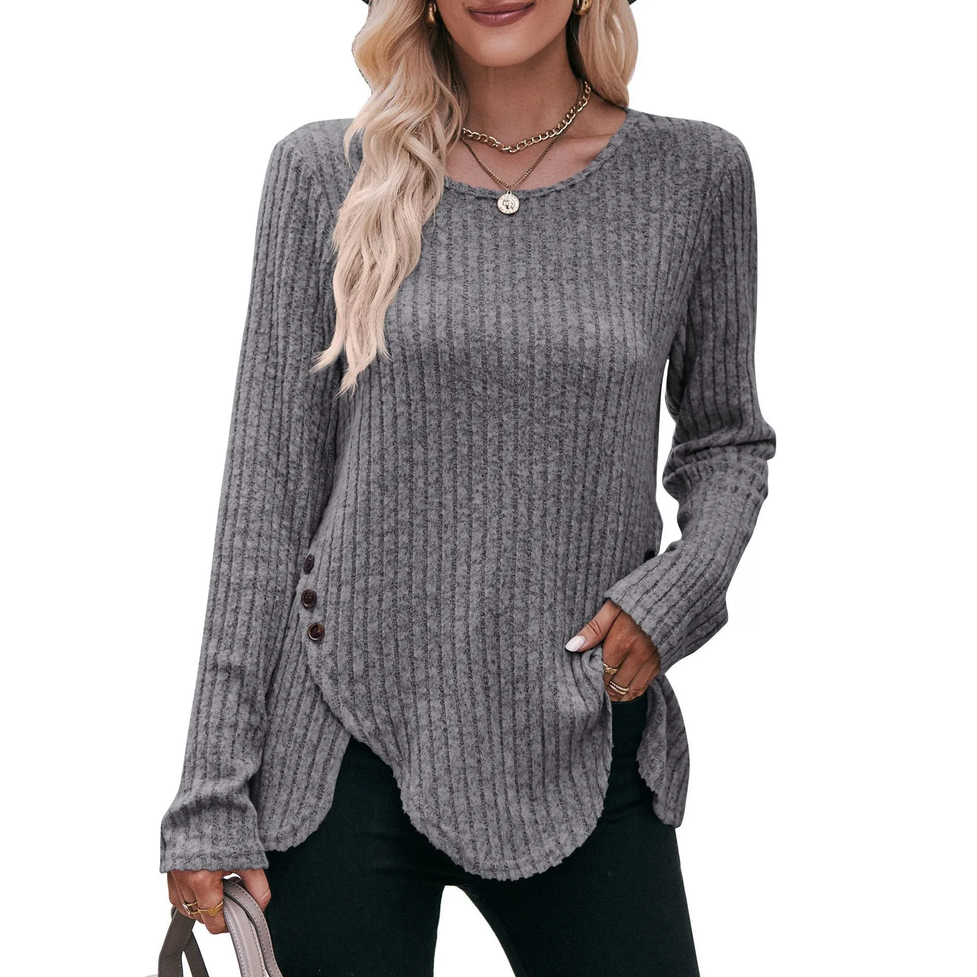 

2023 Autumn New Fashion Women's Round Neck Pit Stripe Brushed Elegant Comfortable Solid Color Top Long Sleeve Button T-shirt