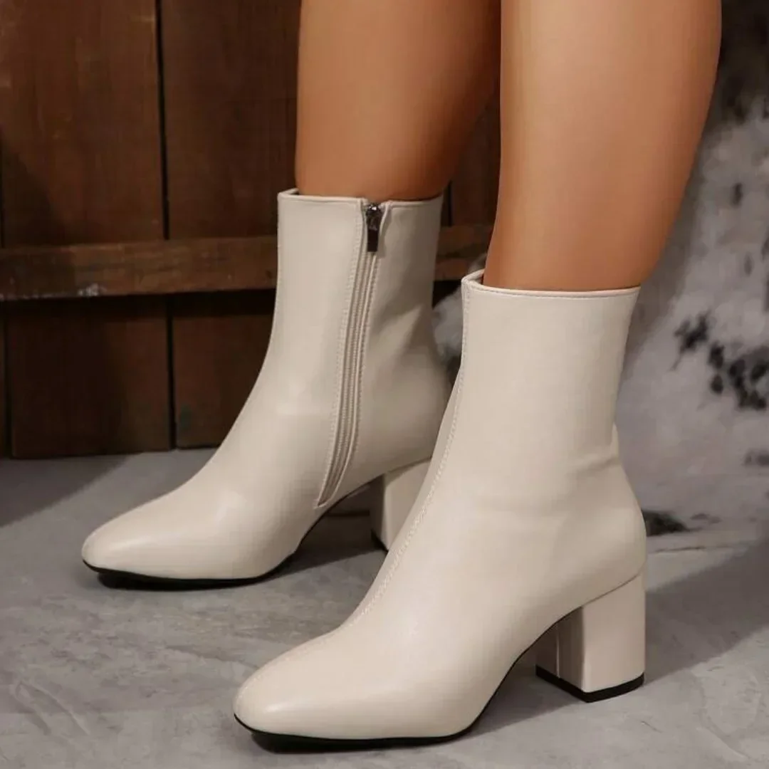 Damen-Stiefeletten für den Winter mit seitlichem Reißverschluss, dehnbarem mittlerem Absatz, großer Größe, kurzer Stiefelette, modische spitze Schuhe, Botas De Mujer – Detail 20