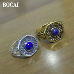 BOCAI New Real S925 Silver Trend Natural Lapis Lazuli Wide Woman and Man Rings Fashion Jewelry Accessories