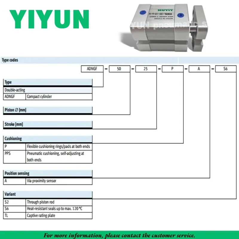 1PC ADNGF-80-10-P-A ADNGF-100-15-P-A -20-P-A -25-P-A -30-P-A -40-P-A -50-P-A -60-P-A -80-P-A YIYUN Compact Cylinder ADNGF Series