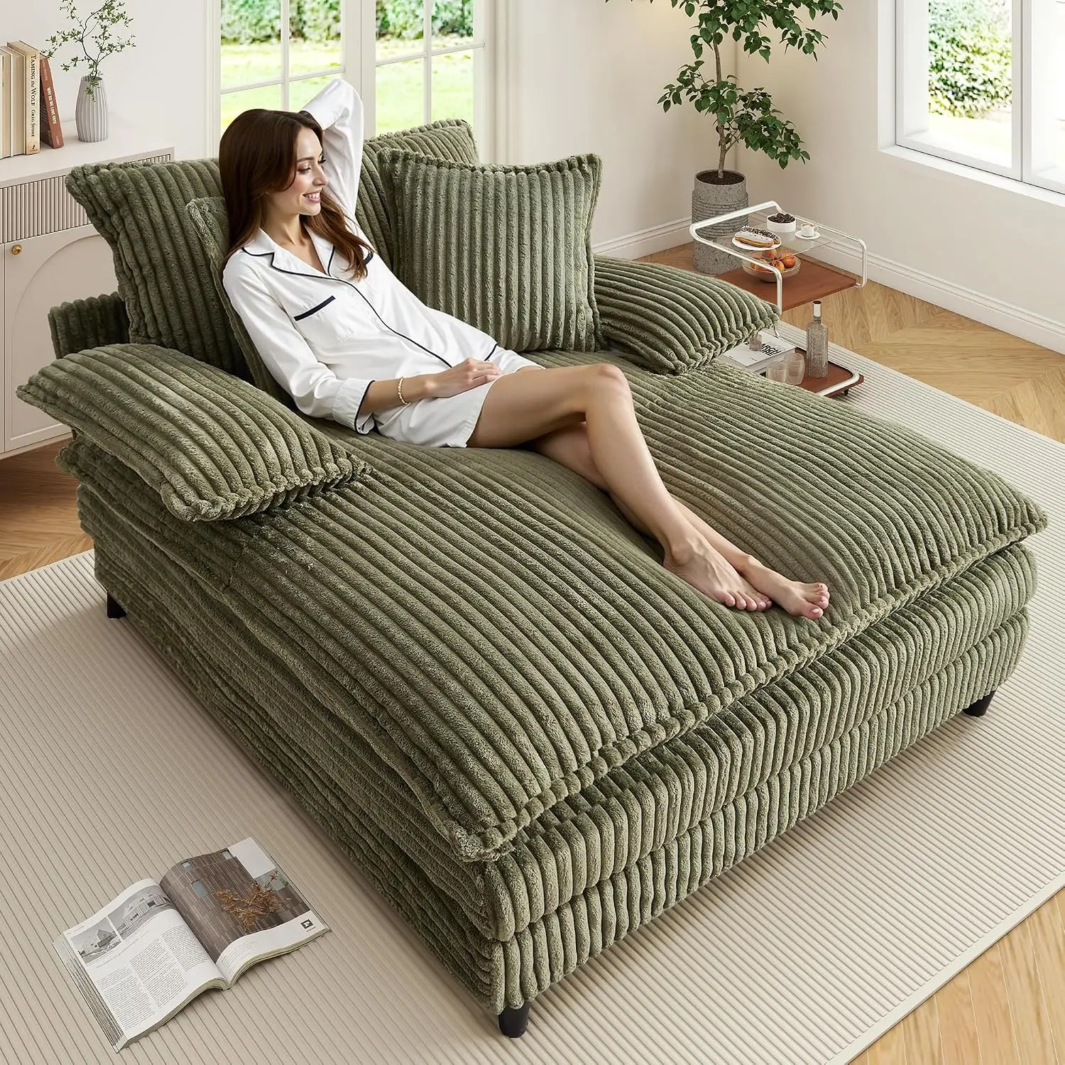 Oversized Chaise Lounge Indoor 5-Position Adjustable Backrest Corduroy Sleeper Sofa 3 Pillows Living Room Bedroom, Customized