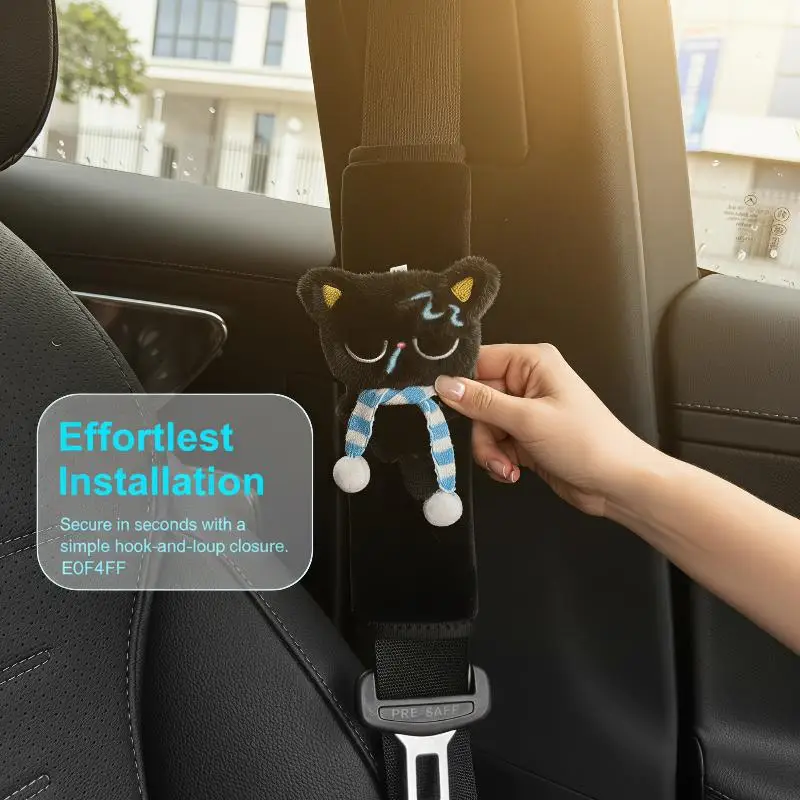 Plush Black Cat Car Seat Belt Shoulder Pads Soft Fluffy Cute Cartoon Practical Car Travel Accessory for Adults Kids All Ages