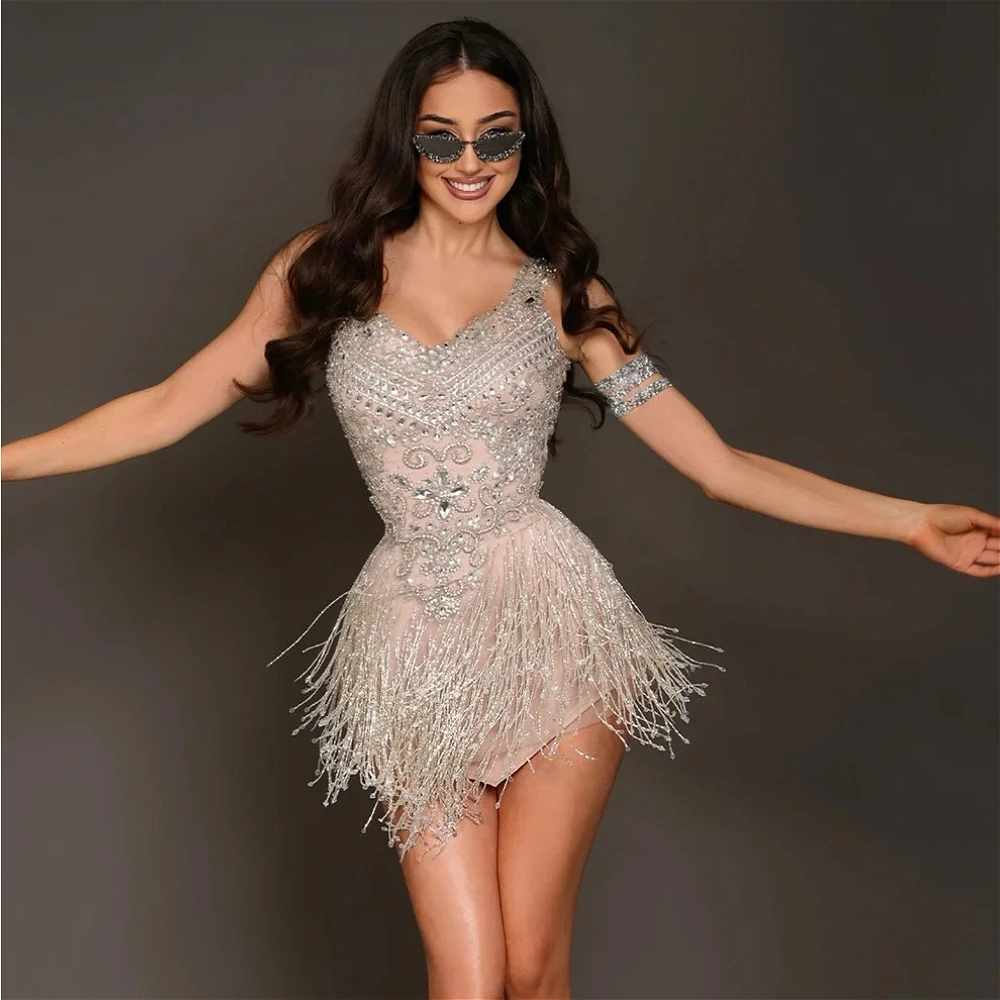 

Customized Silver Deep V Spaghetti Strap Rhinestone Mini Dress Sheer Mesh Bodycon Homecoming Gown Sparkly Cocktail Dress