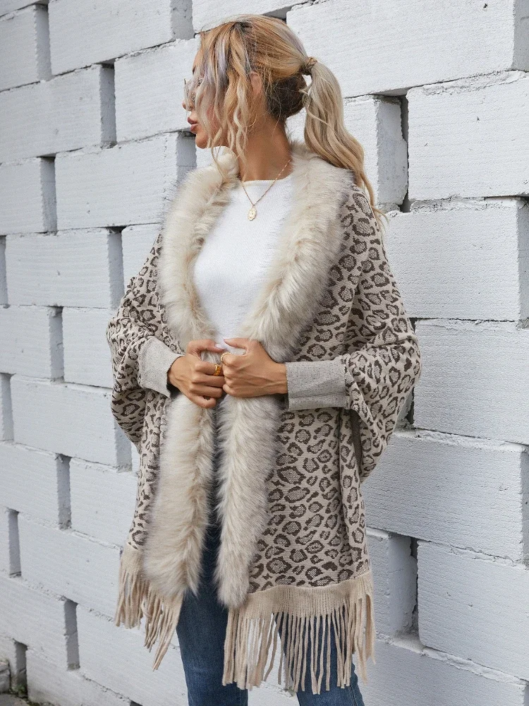 

Women's Black Sexy Leopard Sweater Fall Winter Fashion Brown Fur Collar Cardigan Shawl Knit Jacket Harajuku Retro Streetwear