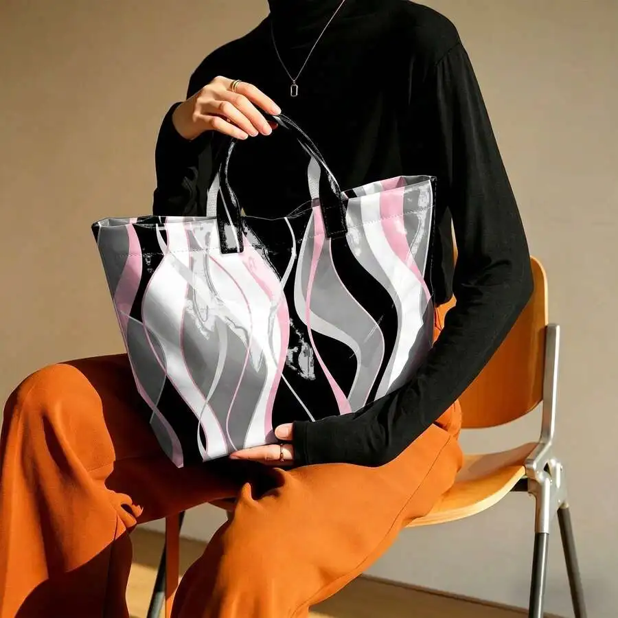 

PVC Large Tote Bag With Multicolor Geometric Pattern For Women Spacious Shopping Beach Travel
