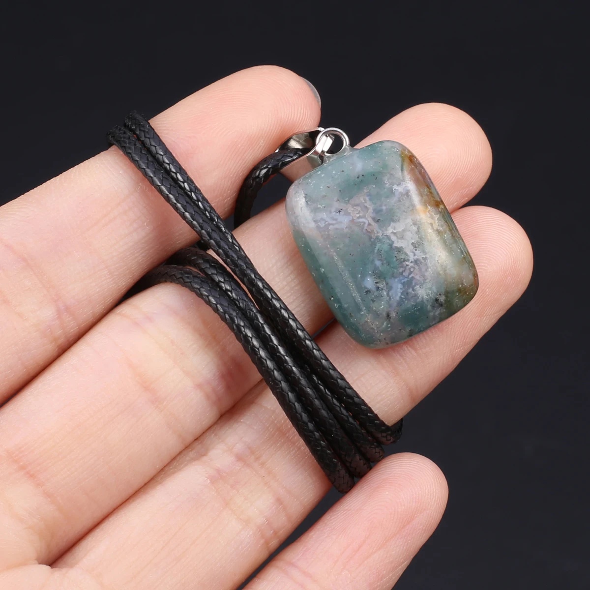 Natural Stone Rectangle Shape Pendant With Leather Rope Chain For Women Men Charms Necklace Accessories Party Gifts 15x25mm