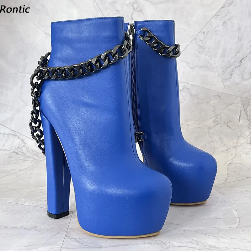 Rontic New Stylish Ladies Winter Ankle Boots Stable Chunky Heels Round Toe Boutique Blue Green Red Pink Party Shoes US Size 5-20