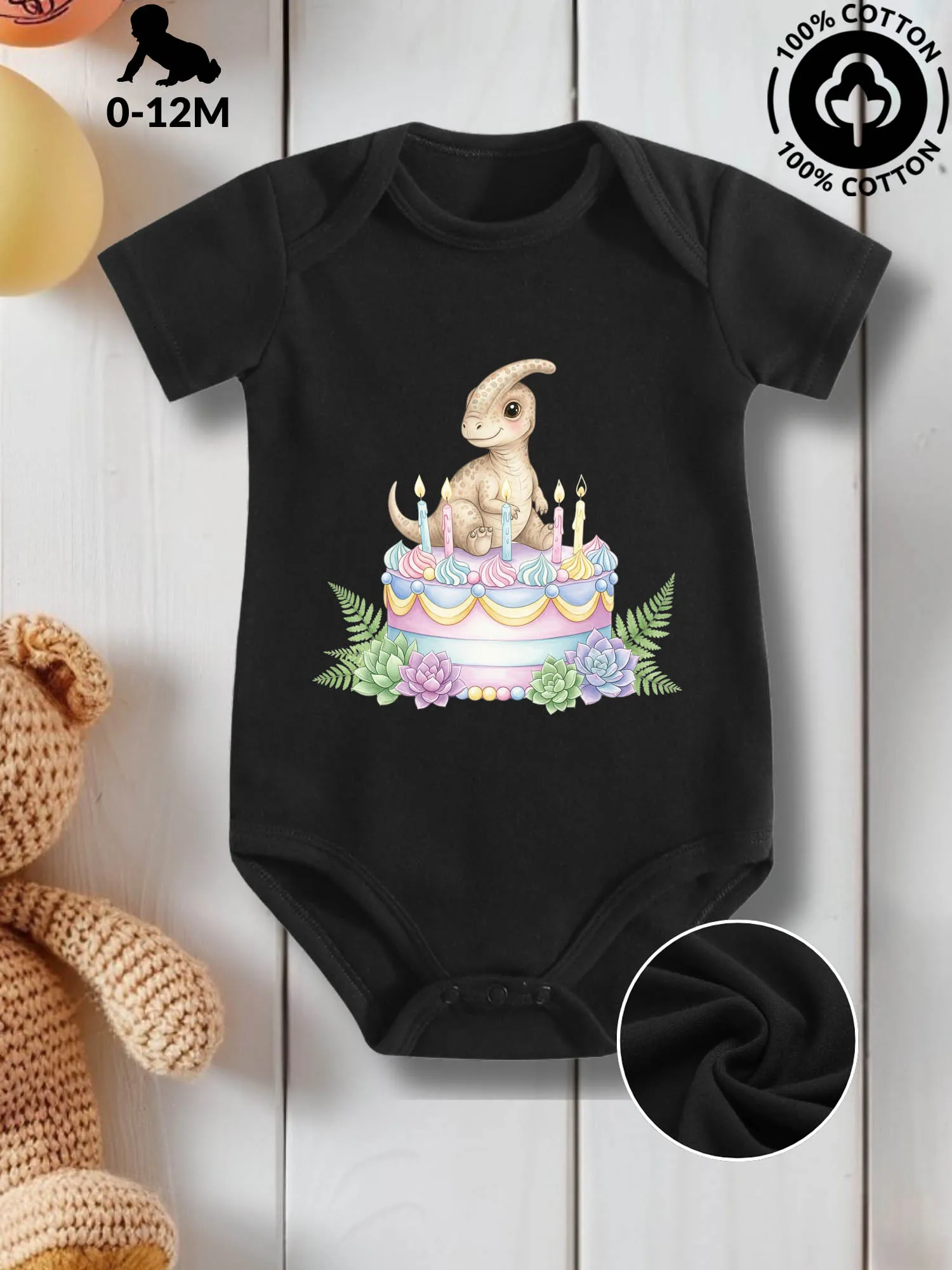 

Детский костюм унисекс для ползания Dino Sitting On Birthday Cake, комбинезон для ухода за кожей из чистого хлопка, всесезонный черный боди 190GSM