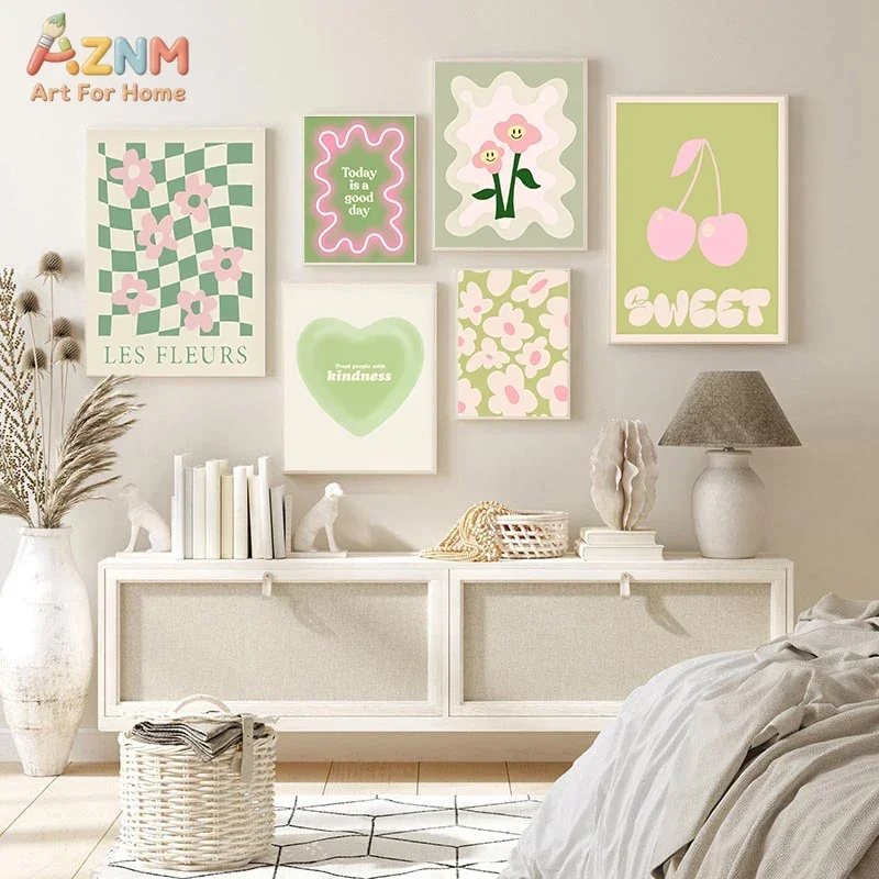 AZNM Danish Pastel Green Pink Flower Cherry Canvas Wall Art, Les Fleurs Today is a Good Day Kindness Quote Print, Frameless Aest