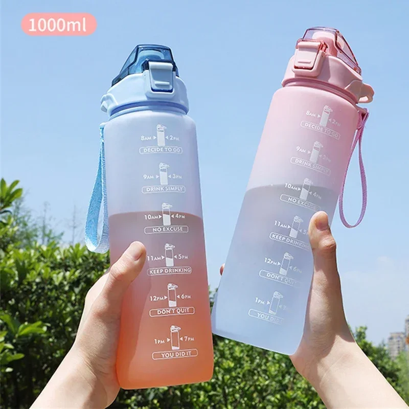 1 Liter Water Bottle with Straw Female Girls Large Portable Travel Bottles Sports Fitness Cup Summer Cold Water with Time Scale