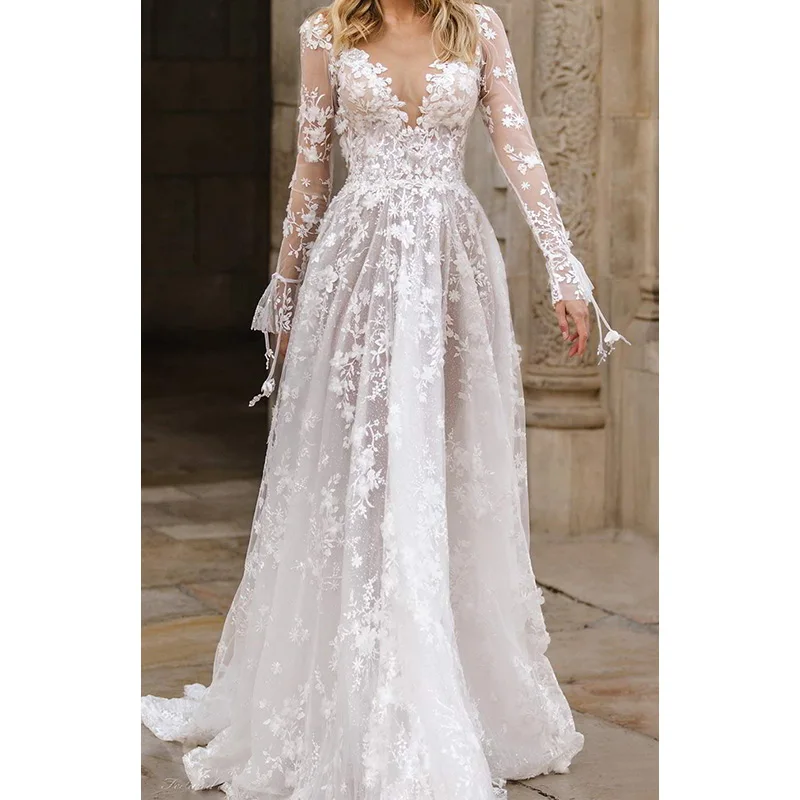 Elegant Women's Summer White Long Dress Sexy Refined Lace Long Sleeves v-Neck Evening Party Prom Maxi Dresses Vestidos Платье