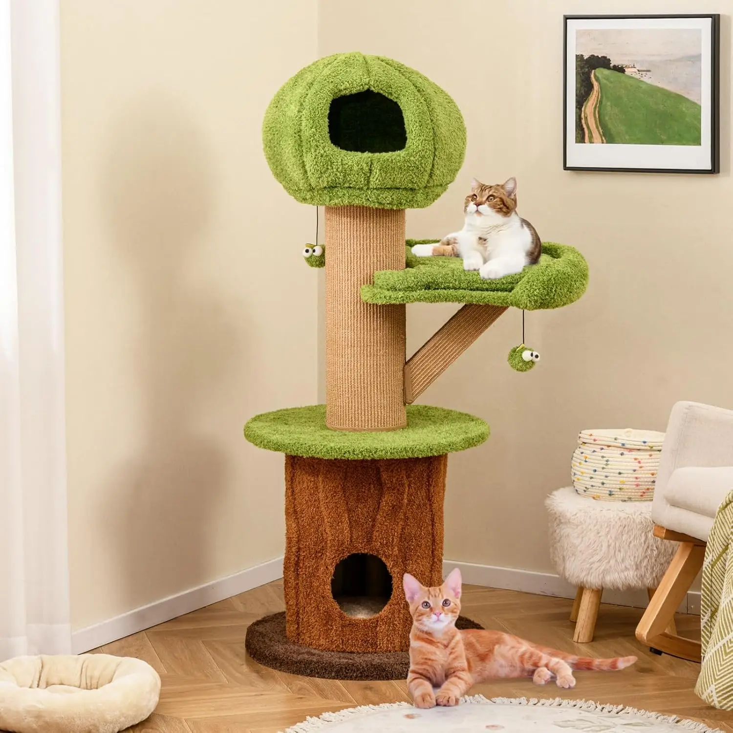 58 Inch Forest-Themed Cat Tree, Multi-Level Cat Tower with 2 Cute Condos, Plush Perch, Teasing Balls, Sisal Posts,, Customized - view 3
