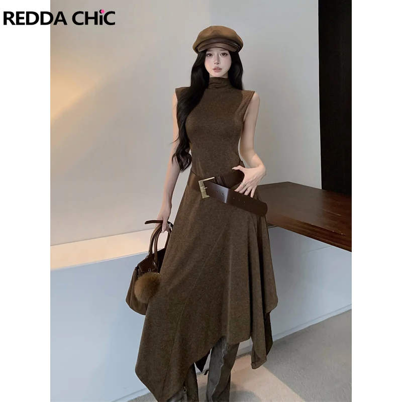 REDDACHiC Sukienka damska typu tank z nieregularnym patchworkiem, koreańska, gładka, codzienna, luźna, z golfem, midi, długa, z falbanami, modna odzież jesienna