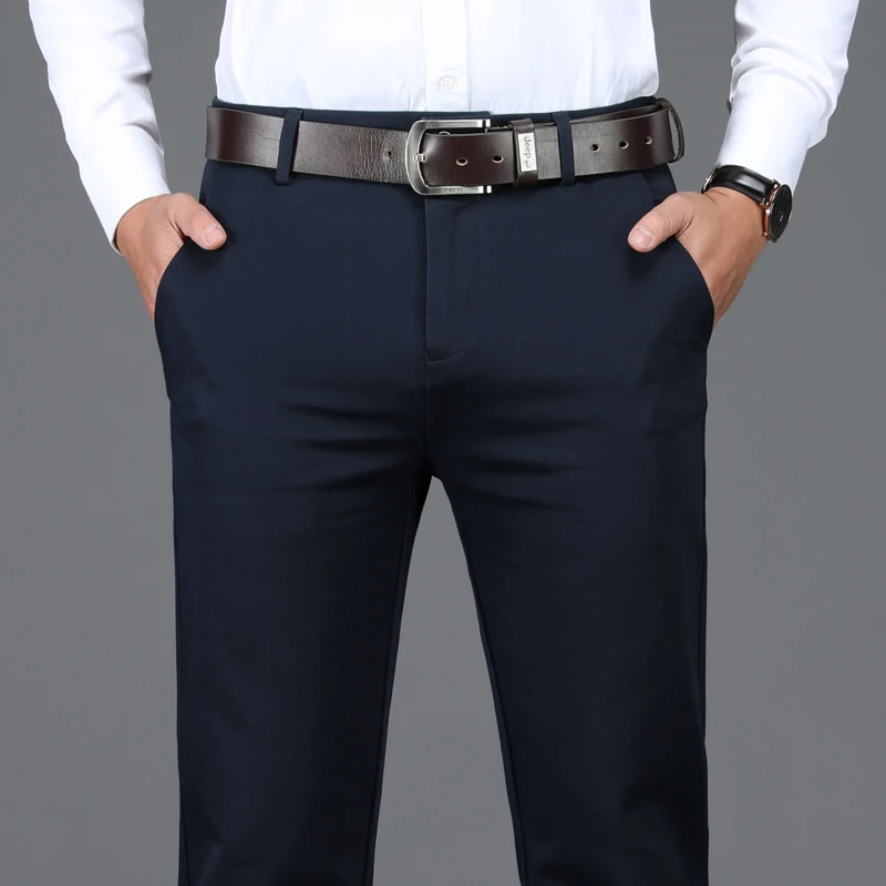 Pantalones informales rectos de negocios marrones de estilo clásico en 4 colores, pantalones de oficina de cintura alta de algodón elástico sólido, marca masculina