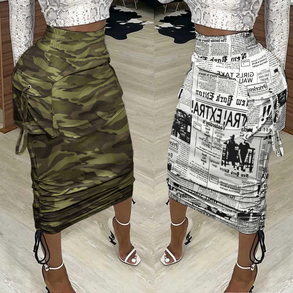 

Drawstring Ruched High Waist Midi Skirts Womens Pocket Summer Fashion Camouflage Newspaper Bodycon Pencil Skirt Female 2022