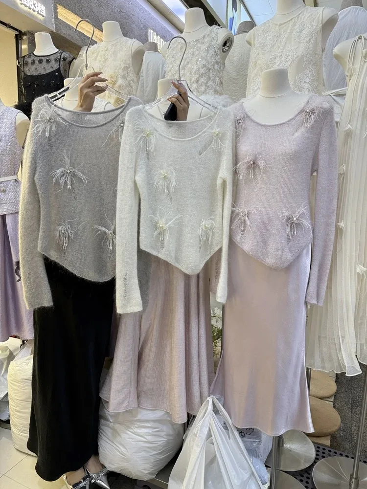 

Корейский стиль, осенний облегающий тяжелый промышленный перья с бусинами, утягивающий универсальный пуловер, свитер, женские вязаные топы с вырезами F65