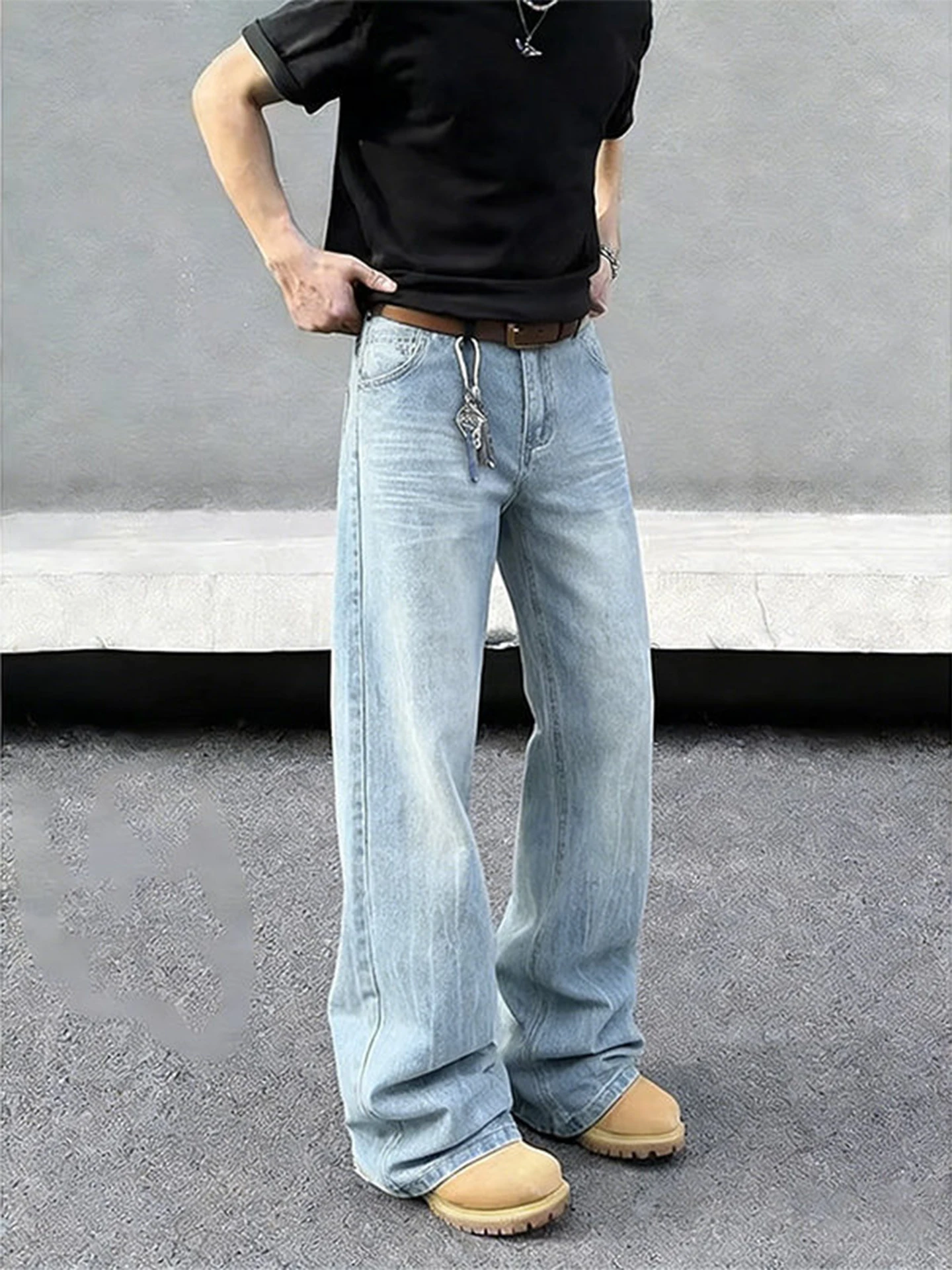 

Light Blue Bamboo Lightning Pattern Men's Jeans High Street Straight Leg Slimming Micro Flared Knife Trousers