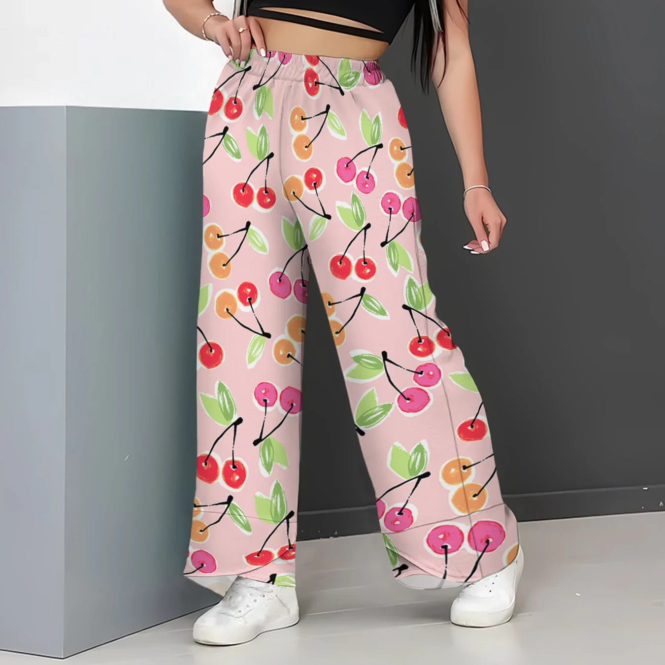 

CLOOCL Fruit Printed Women Trousers Pretty Cherry All Over Print Pockets Pants Plus Size Leg Design Casual Streetwear