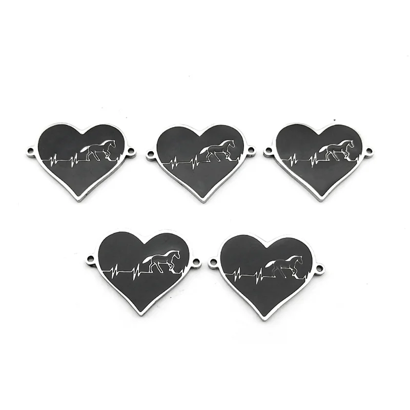 5PCS Heartbeat Horse Charm Connector Stainless Steel Pendant DIY Necklace Bracelet Handmade Jewelry Making Supplies