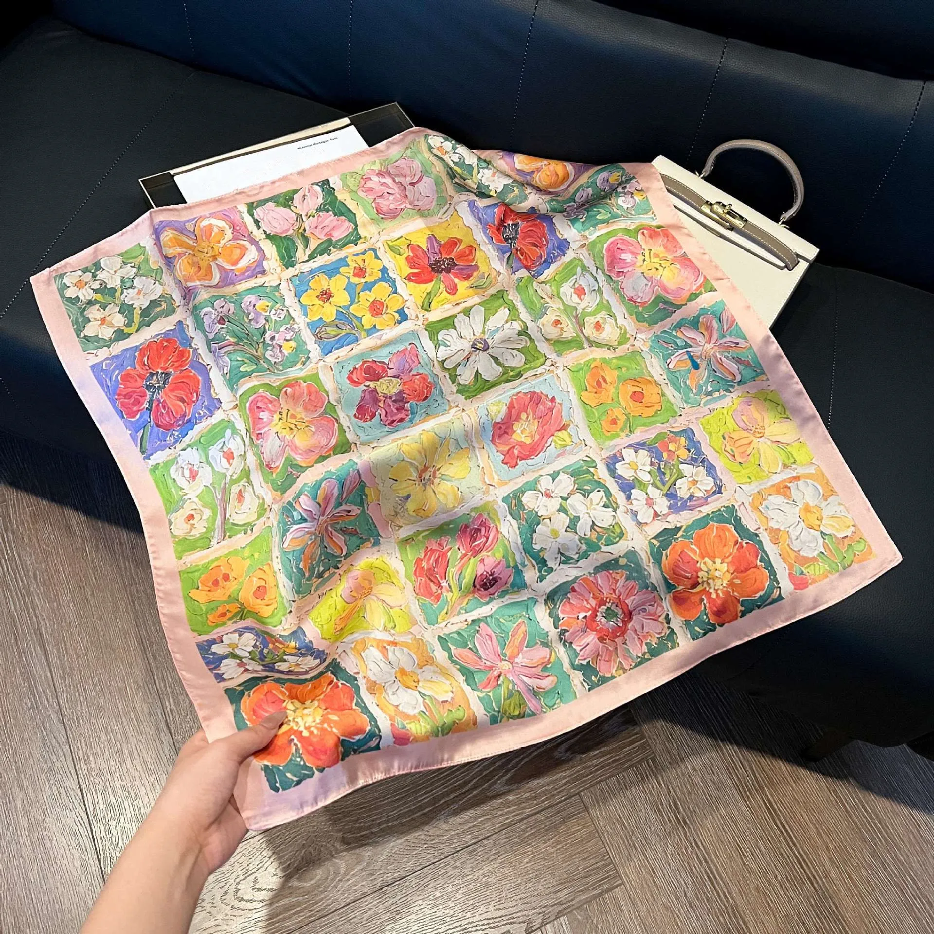 

Весенний шелковый платок для женщин, роскошный с цветочным принтом, мягкий атласный платок-повязка для волос, шейный платок, головной платок, женская повязка на голову, фуляр, лента для сумки