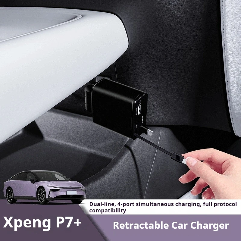 Fit For XPENG P7+ Car Charger Fast Charging Retractable 2-Port Cigarette Lighter Adapter Universal