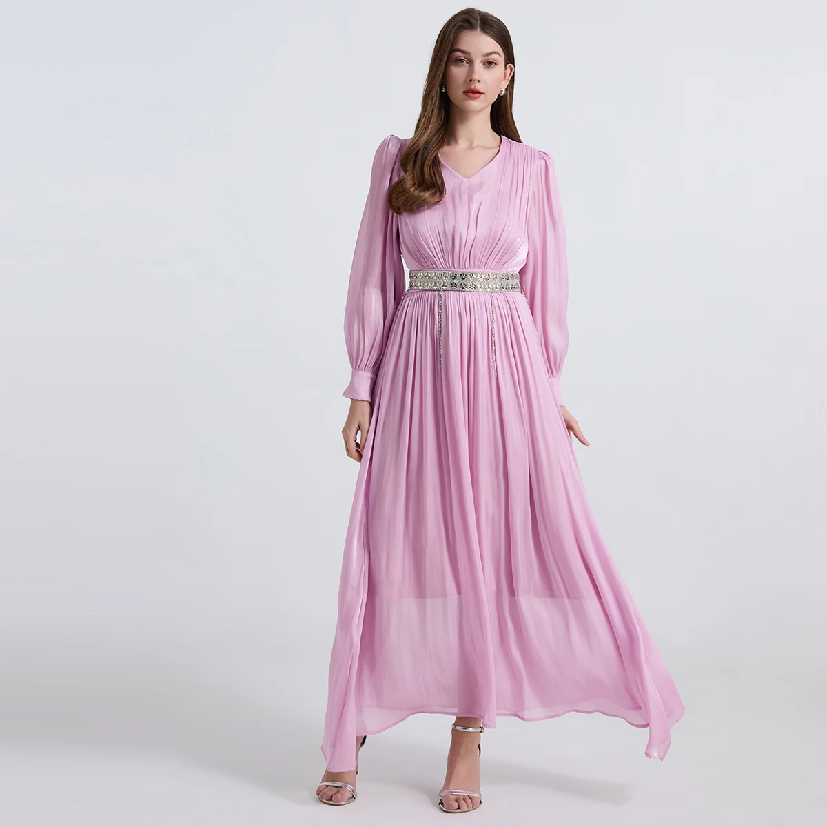 

New Spring Autumn Women V-Neck Long Sleeve Slim Long Dress High Quality Fashion Tassel Diamond Belt Decoration Smooth Yarn Dress