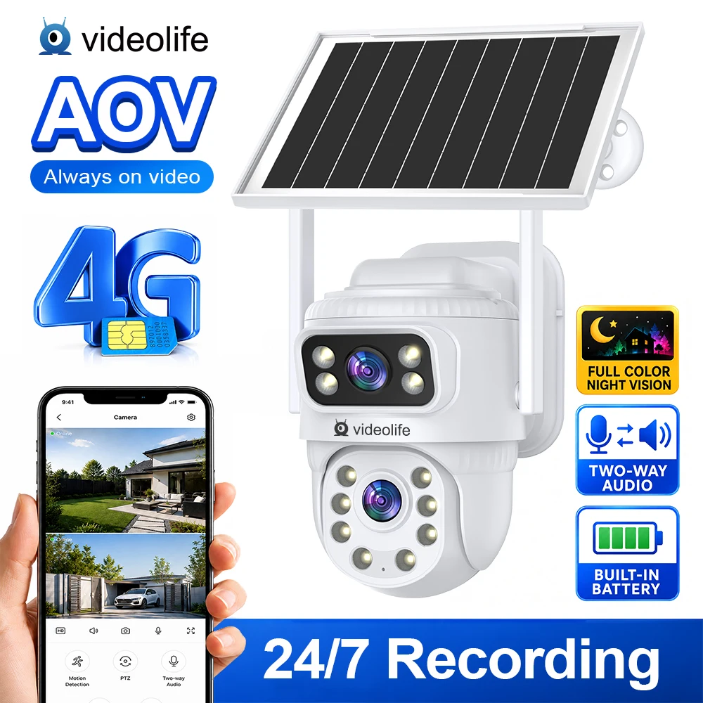 Caméra PTZ solaire 4G à double objectif AOV, vidéo en continu 24h/24 et 7j/7, détection humaine par IA, audio bidirectionnel, vision nocturne couleur intégrale