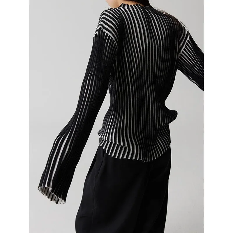 Korean Sweater for Women Y2k Tops Stand Neck Long Sleeve Tunic Jumper Vintage Fashion Striped Knitted Pullovers Coat Sueter