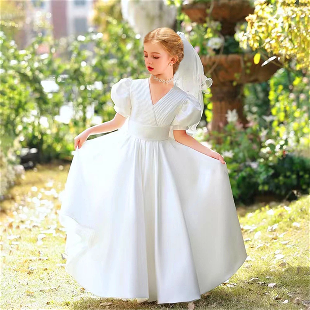 Elogant-Robe de demoiselle d'honneur pour enfants, robes de première communion, cadeau d'anniversaire pour enfants, manches à bulles, tulle ange blanc, Rhde princesse en dentelle