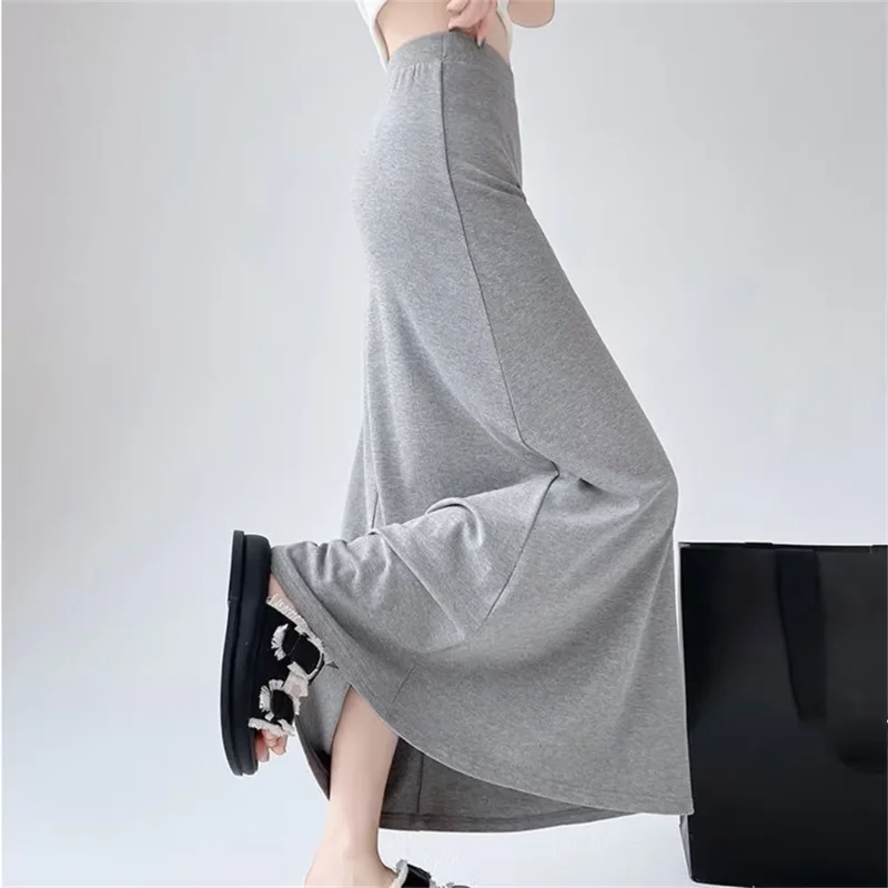 Women's High-waisted A-line Mid-length Loose Skirt Soft Warm Simple Vintage Package Hips Midi Skirts Spring Autumn Gray Skirt