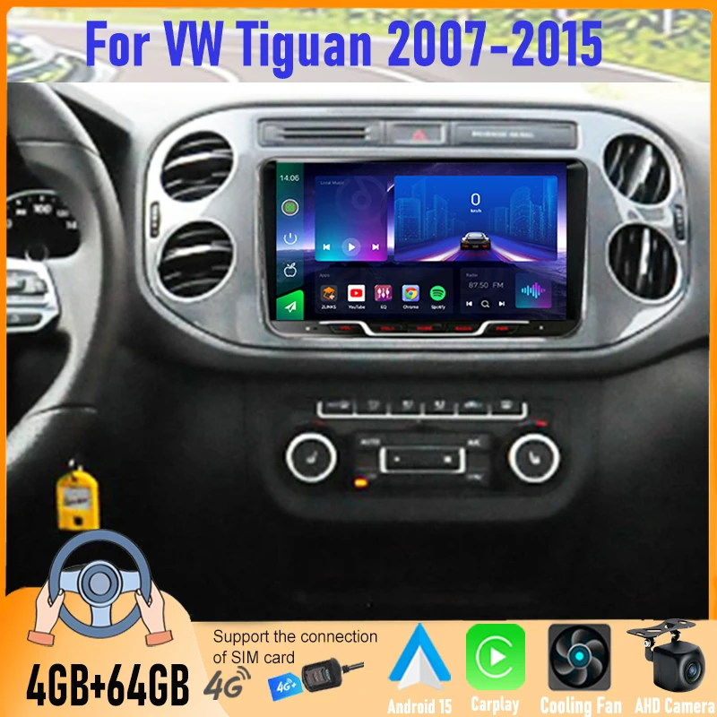 

9" 4+64GB Android Car Radio For VW Tiguan 2007-2015 2DIN Head Unit GPS Google Map BT Wireless Carplay Reversing Camera FM