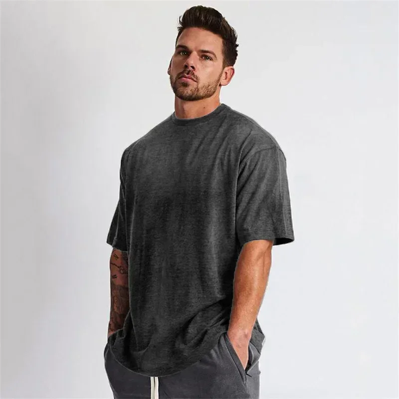 Oversized Loose Plain T-shirts Gym Fitness Clothing Bodybuilding Muscle Cotton Breathable  Mens Casual Short Sleeve Summer T