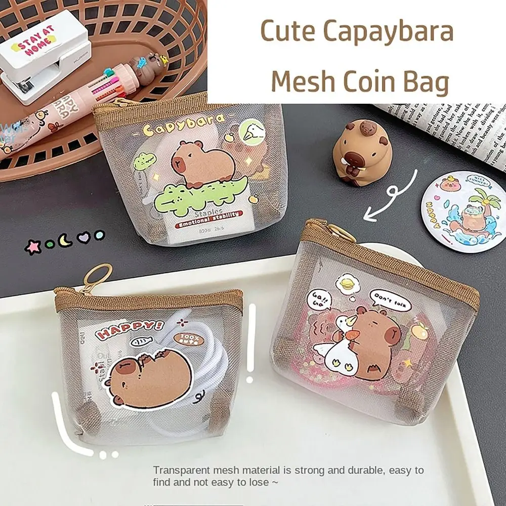 Fashion Capybara Rabbit Panda Coin Wallet Mesh Cartoon Anime Mini Wallet Earphone Storage Bags for Student Girls